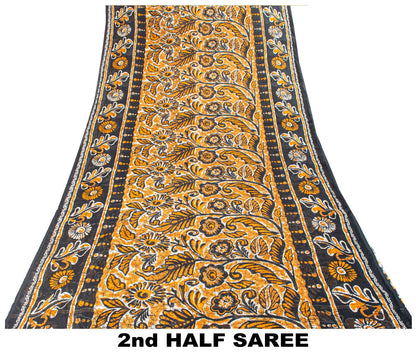 Sanskriti Vintage Black Saree Craft Fabric Pure Cotton Floral Batik Printed Sari