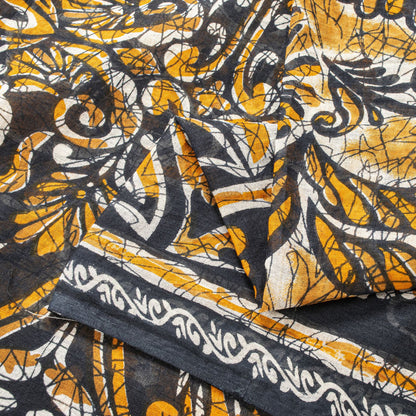 Sanskriti Vintage Black Saree Craft Fabric Pure Cotton Floral Batik Printed Sari