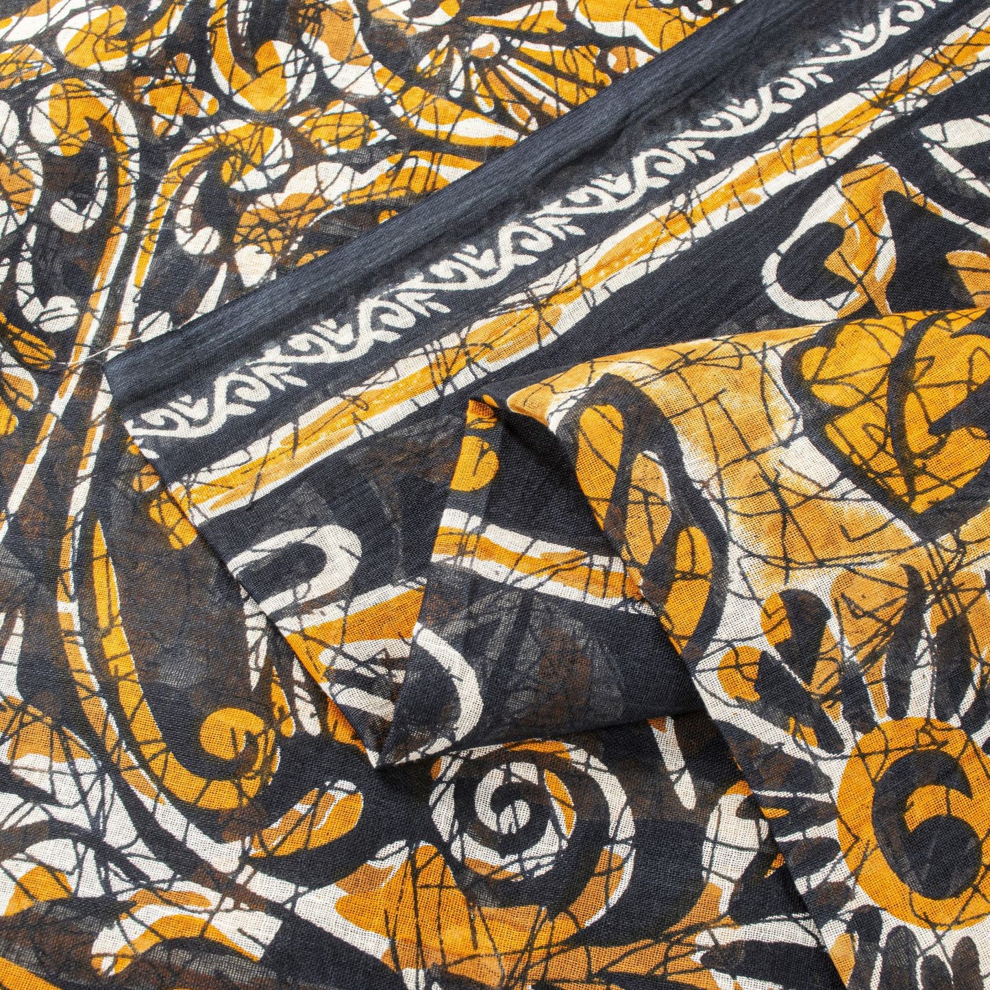 Sanskriti Vintage Black Saree Craft Fabric Pure Cotton Floral Batik Printed Sari