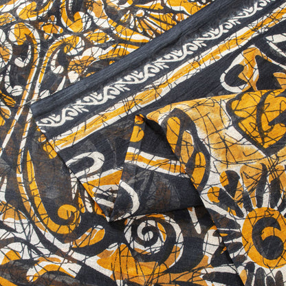 Sanskriti Vintage Black Saree Craft Fabric Pure Cotton Floral Batik Printed Sari