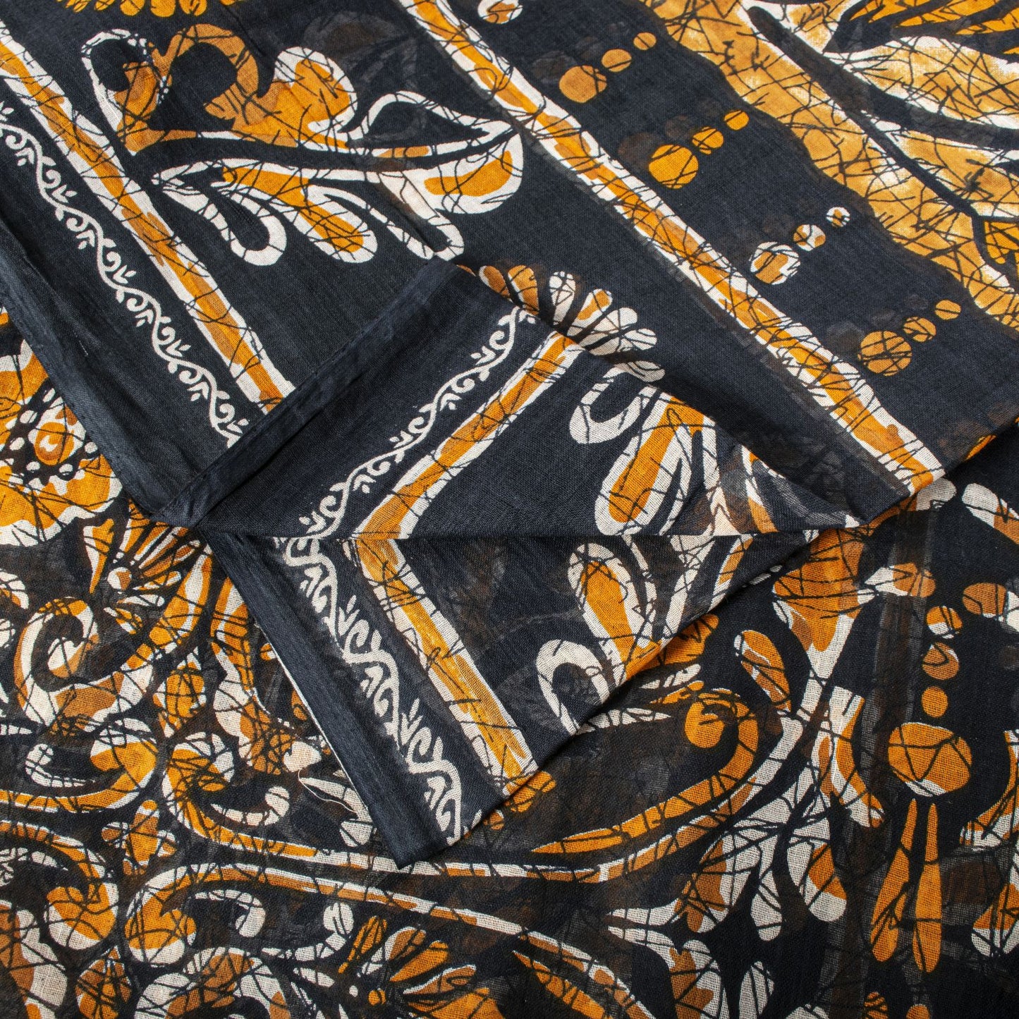 Sanskriti Vintage Black Saree Craft Fabric Pure Cotton Floral Batik Printed Sari