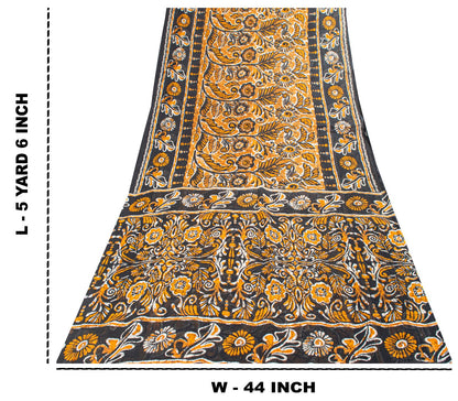 Sanskriti Vintage Black Saree Craft Fabric Pure Cotton Floral Batik Printed Sari