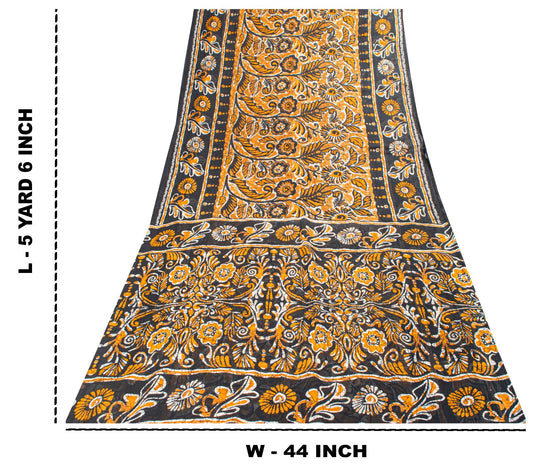 Sanskriti Vintage Black Saree Craft Fabric Pure Cotton Floral Batik Printed Sari