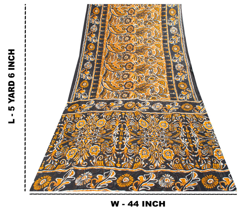 Sanskriti Vintage Black Saree Craft Fabric Pure Cotton Floral Batik Printed Sari
