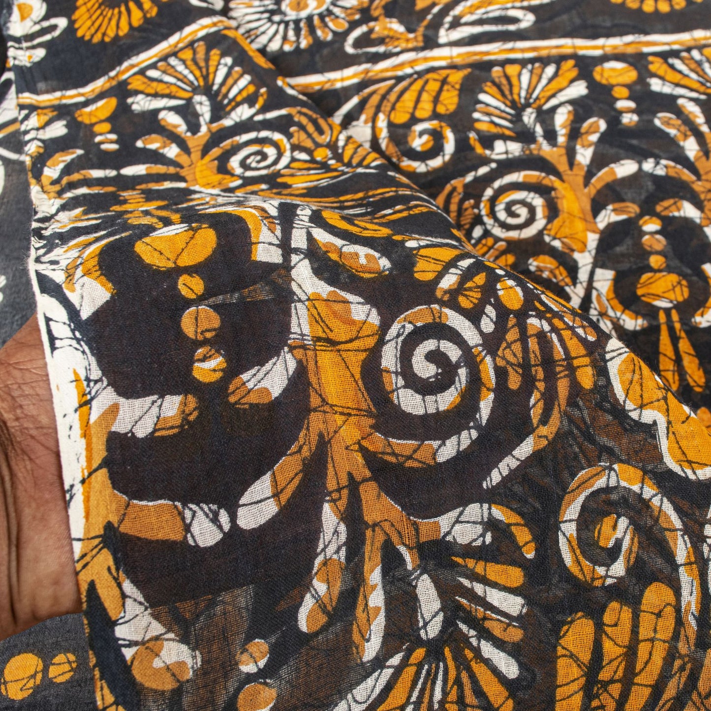 Sanskriti Vintage Black Saree Craft Fabric Pure Cotton Floral Batik Printed Sari