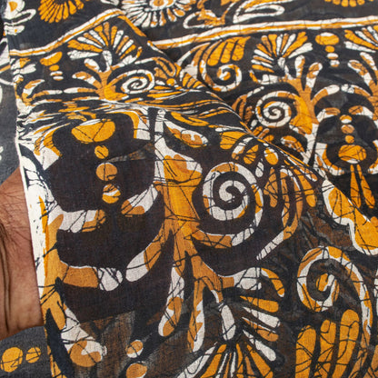 Sanskriti Vintage Black Saree Craft Fabric Pure Cotton Floral Batik Printed Sari