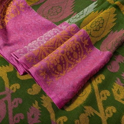 Sanskriti Vintage Saree Fabric Green Dhakai Jamdani Pure Cotton Woven Sari 5.5YD