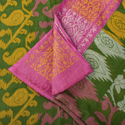 Sanskriti Vintage Saree Fabric Green Dhakai Jamdani Pure Cotton Woven Sari 5.5YD