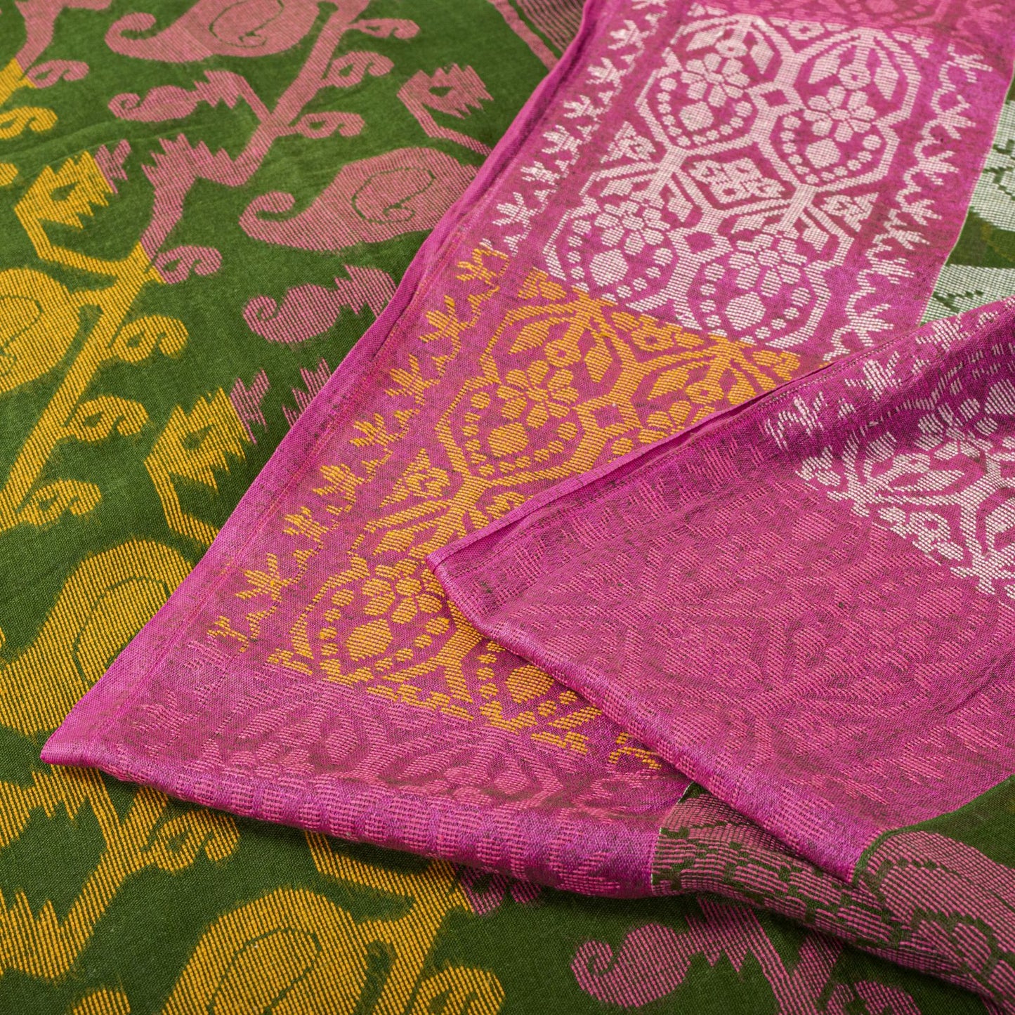 Sanskriti Vintage Saree Fabric Green Dhakai Jamdani Pure Cotton Woven Sari 5.5YD