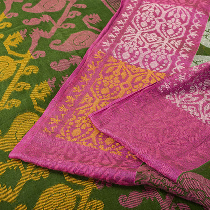 Sanskriti Vintage Saree Fabric Green Dhakai Jamdani Pure Cotton Woven Sari 5.5YD