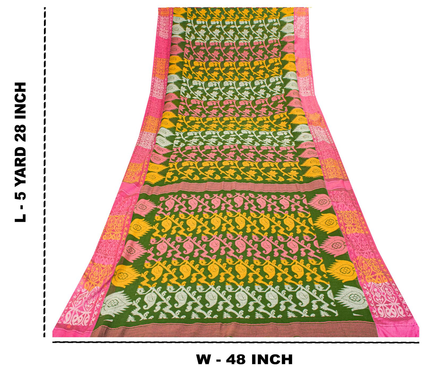 Sanskriti Vintage Saree Fabric Green Dhakai Jamdani Pure Cotton Woven Sari 5.5YD