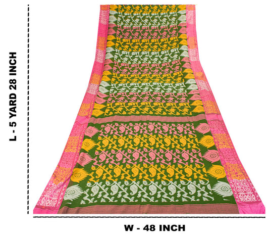 Sanskriti Vintage Saree Fabric Green Dhakai Jamdani Pure Cotton Woven Sari 5.5YD