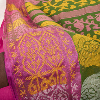 Sanskriti Vintage Saree Fabric Green Dhakai Jamdani Pure Cotton Woven Sari 5.5YD