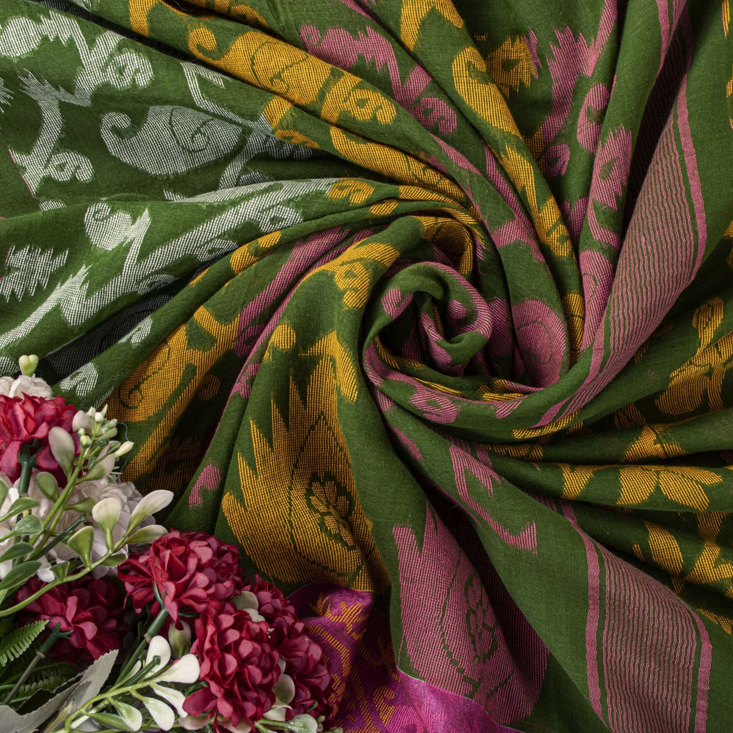 Sanskriti Vintage Saree Fabric Green Dhakai Jamdani Pure Cotton Woven Sari 5.5YD