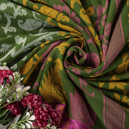 Sanskriti Vintage Saree Fabric Green Dhakai Jamdani Pure Cotton Woven Sari 5.5YD