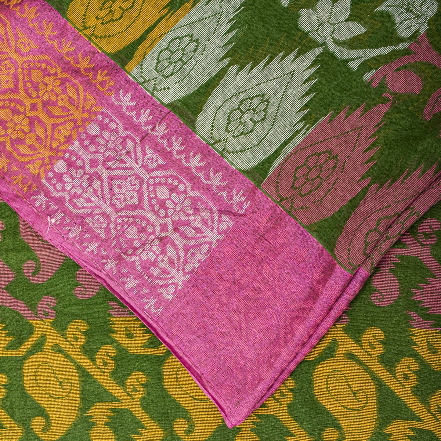 Sanskriti Vintage Saree Fabric Green Dhakai Jamdani Pure Cotton Woven Sari 5.5YD