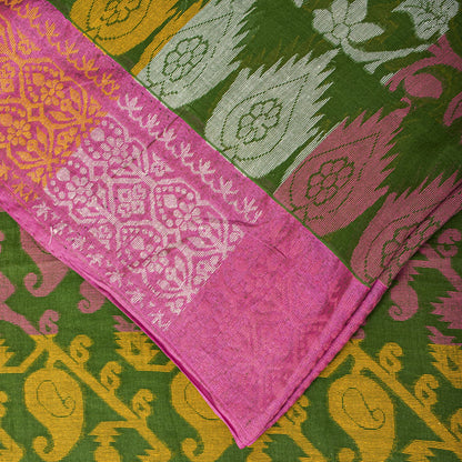Sanskriti Vintage Saree Fabric Green Dhakai Jamdani Pure Cotton Woven Sari 5.5YD