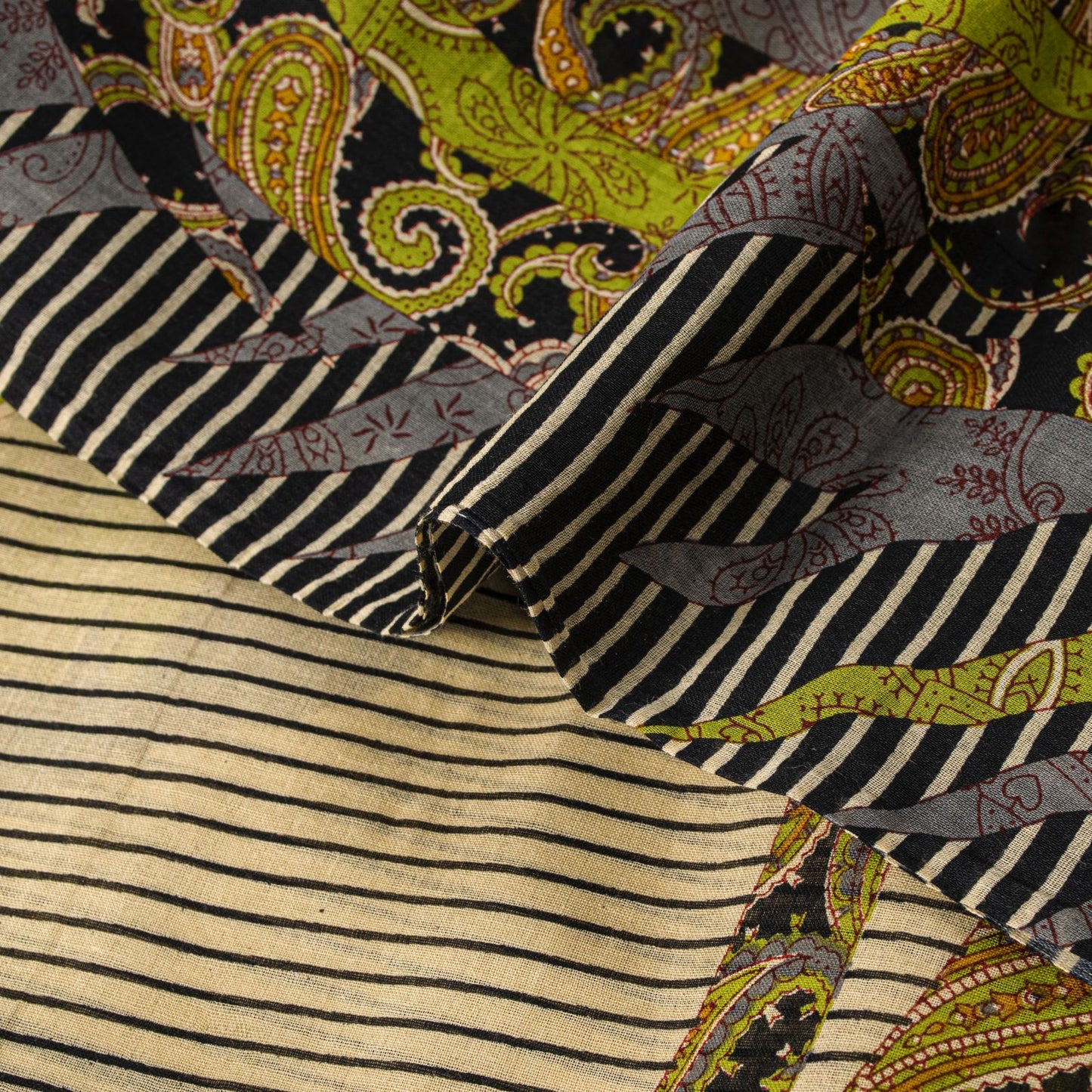 Sanskriti Vintage Black Saree Pure Cotton Rotary Paisley Print Craft Fabric Sari