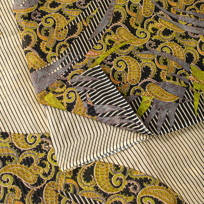 Sanskriti Vintage Black Saree Pure Cotton Rotary Paisley Print Craft Fabric Sari