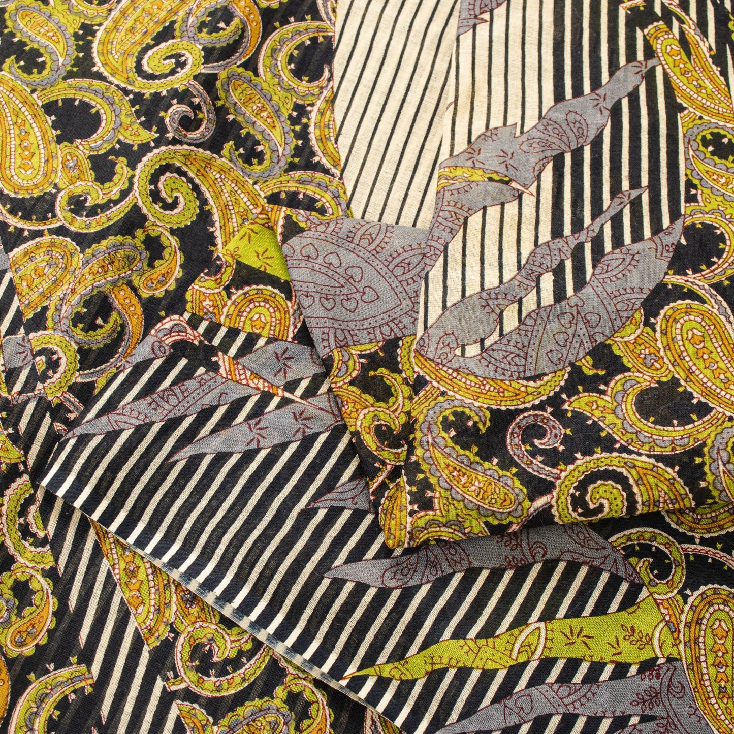 Sanskriti Vintage Black Saree Pure Cotton Rotary Paisley Print Craft Fabric Sari