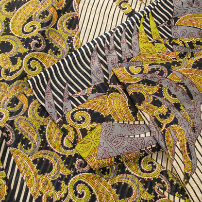 Sanskriti Vintage Black Saree Pure Cotton Rotary Paisley Print Craft Fabric Sari