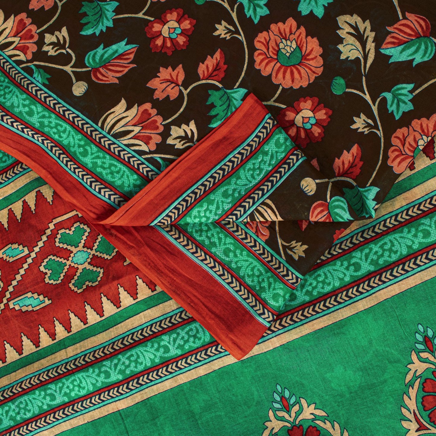 Sanskriti Vintage Saree Brown Pure Cotton Craft Fabric Kalamkari Print 5.5YDSari