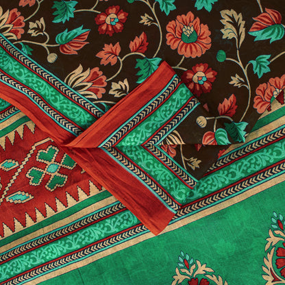 Sanskriti Vintage Saree Brown Pure Cotton Craft Fabric Kalamkari Print 5.5YDSari