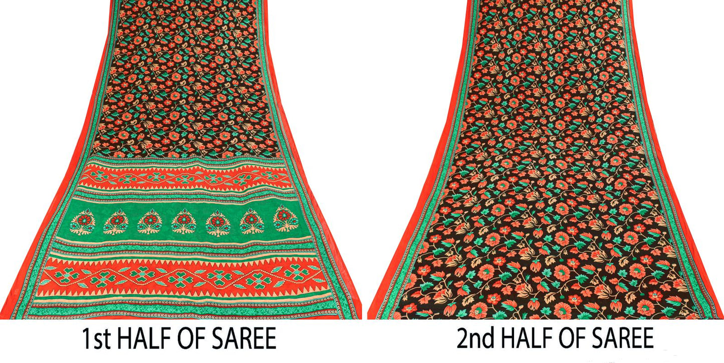 Sanskriti Vintage Saree Brown Pure Cotton Craft Fabric Kalamkari Print 5.5YDSari
