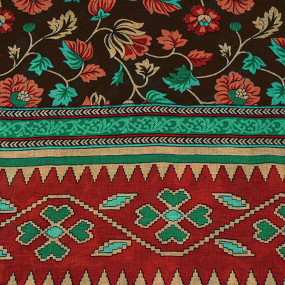 Sanskriti Vintage Saree Brown Pure Cotton Craft Fabric Kalamkari Print 5.5YDSari