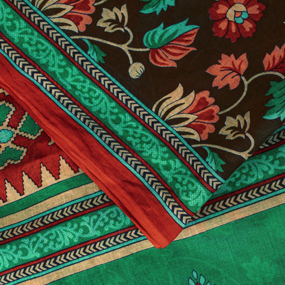 Sanskriti Vintage Saree Brown Pure Cotton Craft Fabric Kalamkari Print 5.5YDSari