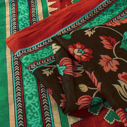 Sanskriti Vintage Saree Brown Pure Cotton Craft Fabric Kalamkari Print 5.5YDSari