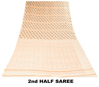 Sanskriti Vintage Saree Brown 100% Pure Cotton Jamdani Woven Bengali 5.5+YD Sari