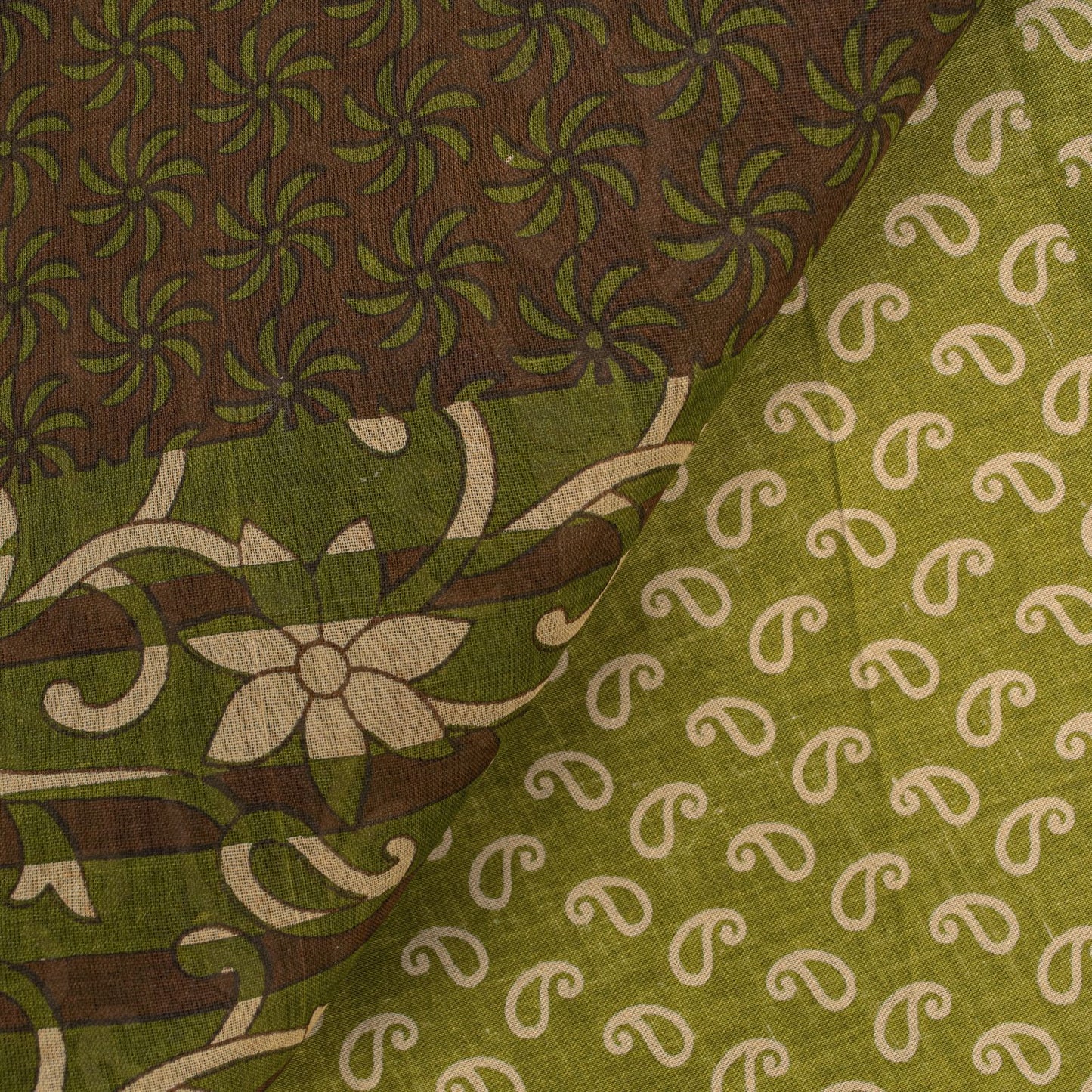 Sanskriti Vintage Saree Cream-Green Pure Cotton Fabric Traditional Print 6YDSari