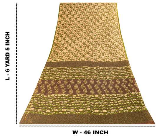 Sanskriti Vintage Saree Cream-Green Pure Cotton Fabric Traditional Print 6YDSari