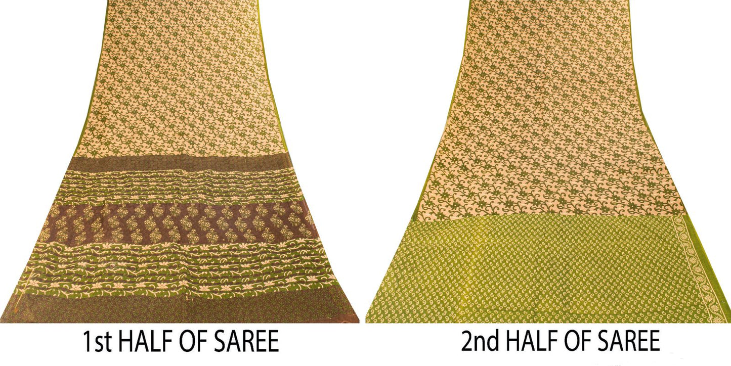 Sanskriti Vintage Saree Cream-Green Pure Cotton Fabric Traditional Print 6YDSari