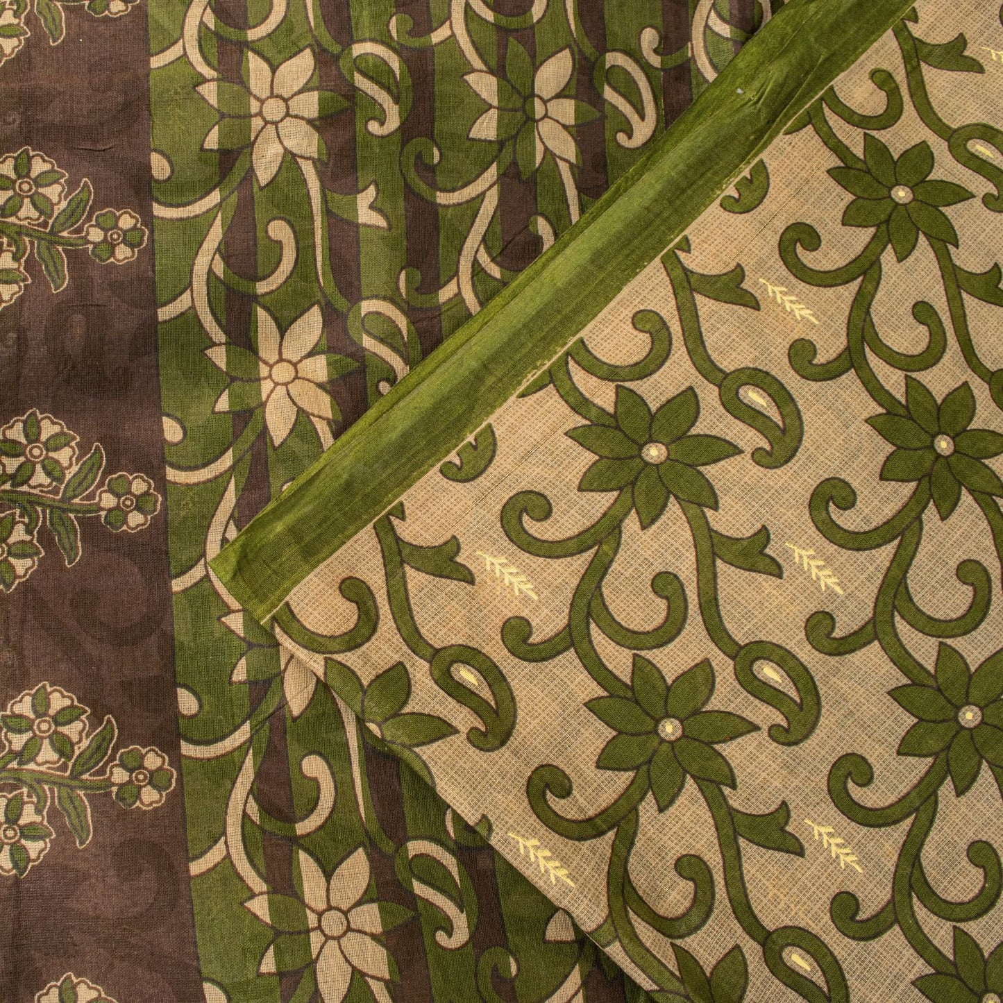 Sanskriti Vintage Saree Cream-Green Pure Cotton Fabric Traditional Print 6YDSari