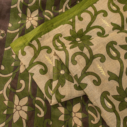 Sanskriti Vintage Saree Cream-Green Pure Cotton Fabric Traditional Print 6YDSari