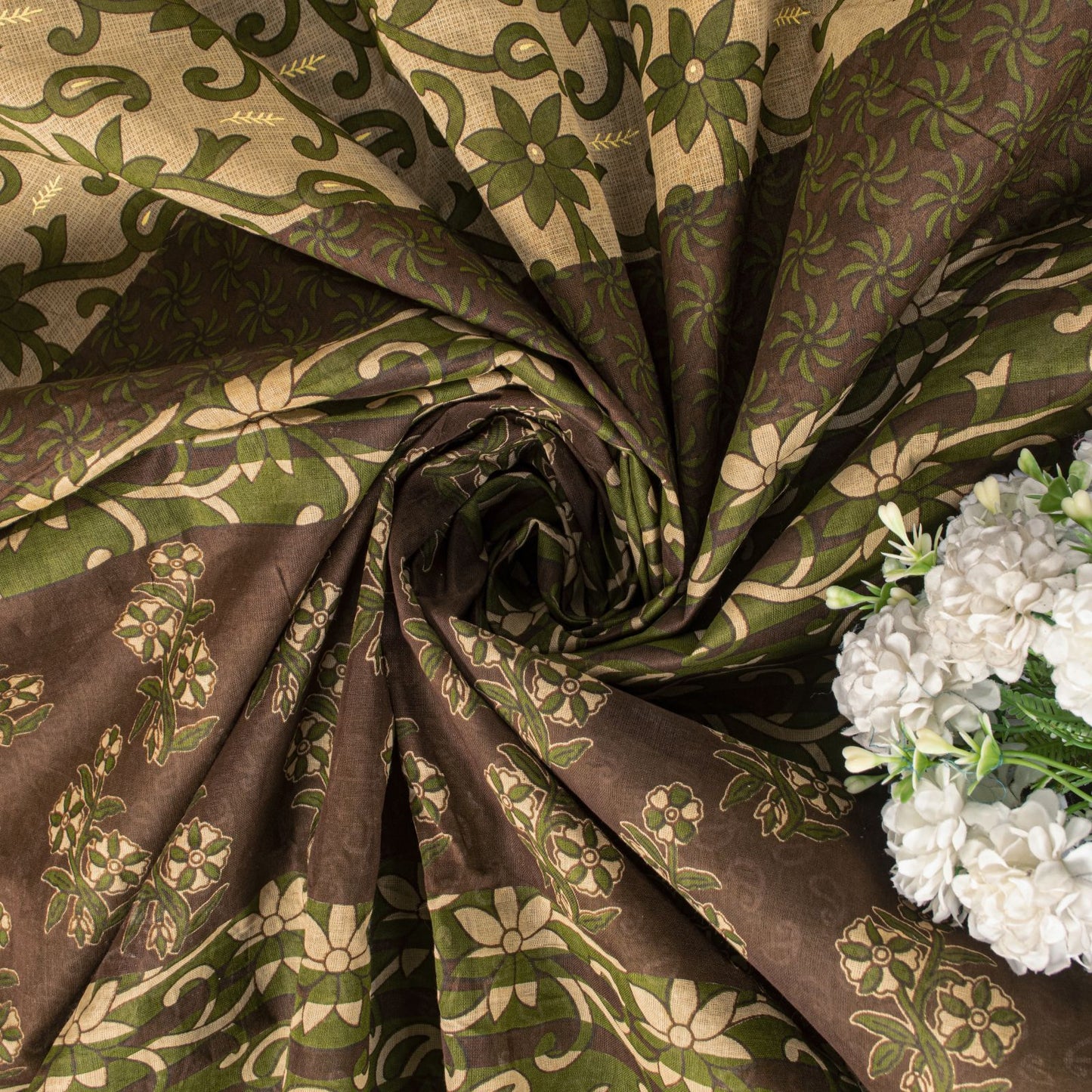 Sanskriti Vintage Saree Cream-Green Pure Cotton Fabric Traditional Print 6YDSari