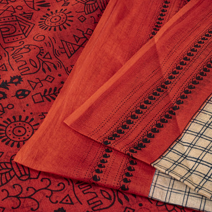 Sanskriti Vintage Saree Red Soft 100% Pure Cotton Craft Fabric Printed 5.5YDSari