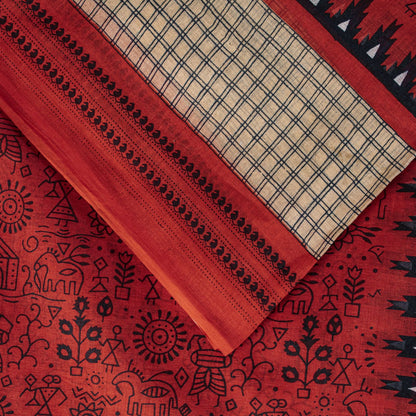 Sanskriti Vintage Saree Red Soft 100% Pure Cotton Craft Fabric Printed 5.5YDSari