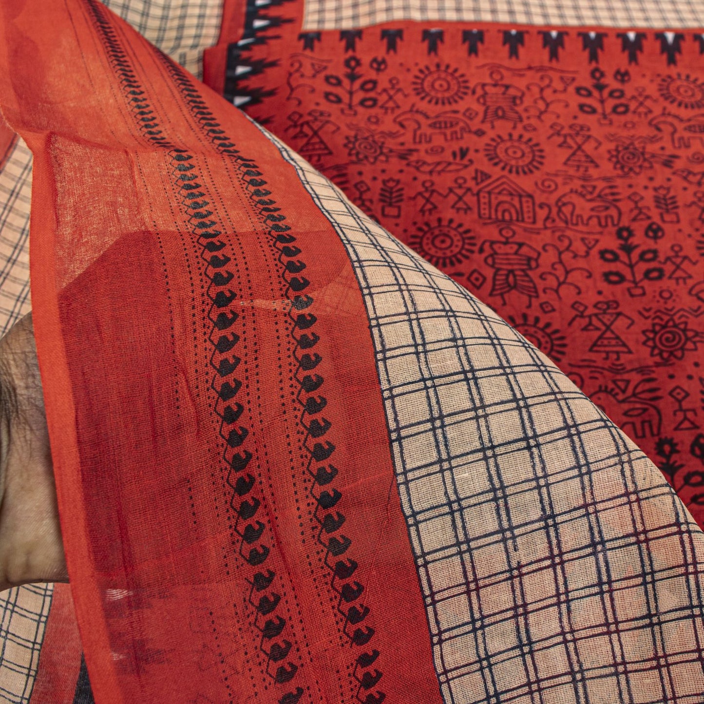 Sanskriti Vintage Saree Red Soft 100% Pure Cotton Craft Fabric Printed 5.5YDSari