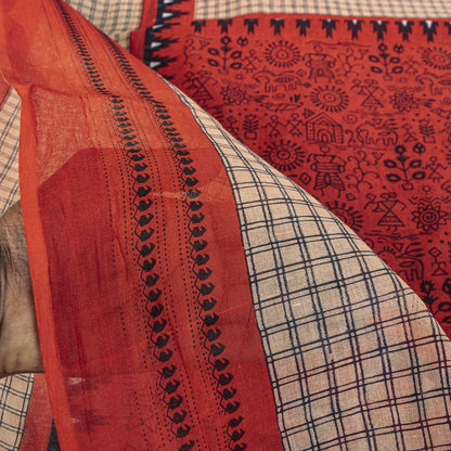 Sanskriti Vintage Saree Red Soft 100% Pure Cotton Craft Fabric Printed 5.5YDSari