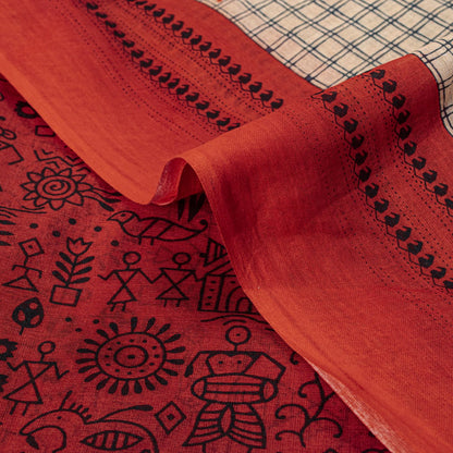 Sanskriti Vintage Saree Red Soft 100% Pure Cotton Craft Fabric Printed 5.5YDSari