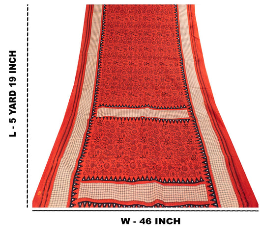 Sanskriti Vintage Saree Red Soft 100% Pure Cotton Craft Fabric Printed 5.5YDSari