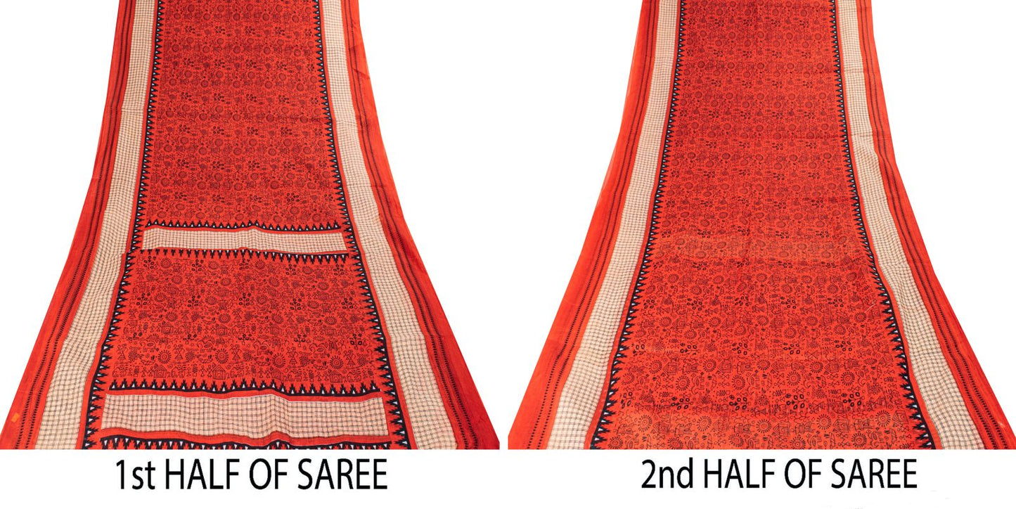 Sanskriti Vintage Saree Red Soft 100% Pure Cotton Craft Fabric Printed 5.5YDSari