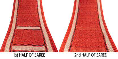 Sanskriti Vintage Saree Red Soft 100% Pure Cotton Craft Fabric Printed 5.5YDSari