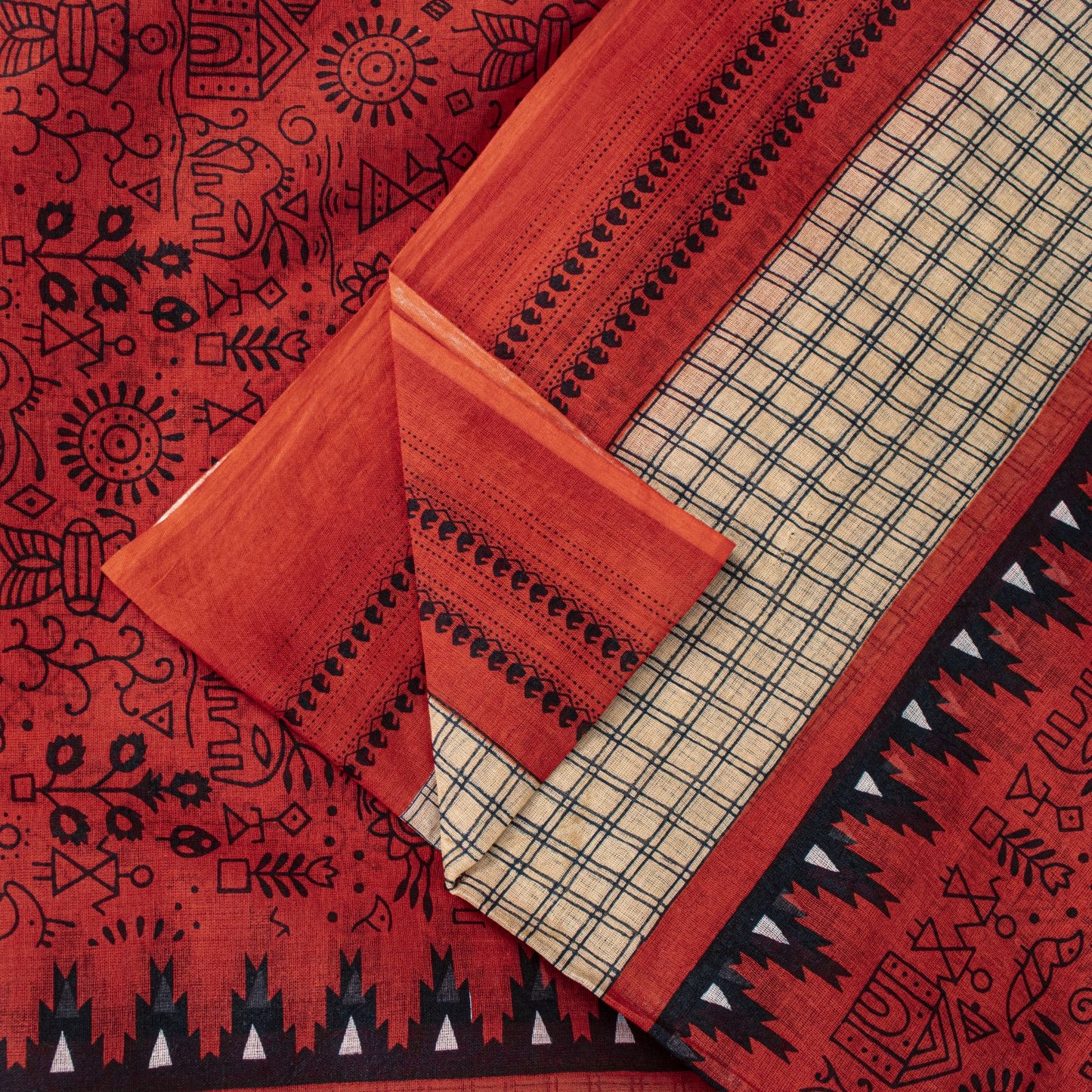 Sanskriti Vintage Saree Red Soft 100% Pure Cotton Craft Fabric Printed 5.5YDSari
