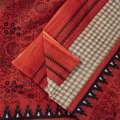 Sanskriti Vintage Saree Red Soft 100% Pure Cotton Craft Fabric Printed 5.5YDSari