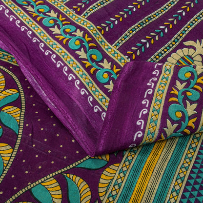 Sanskriti Vintage Saree Violet Pure Cotton Craft Fabric Paisley Print 5+YD Sari