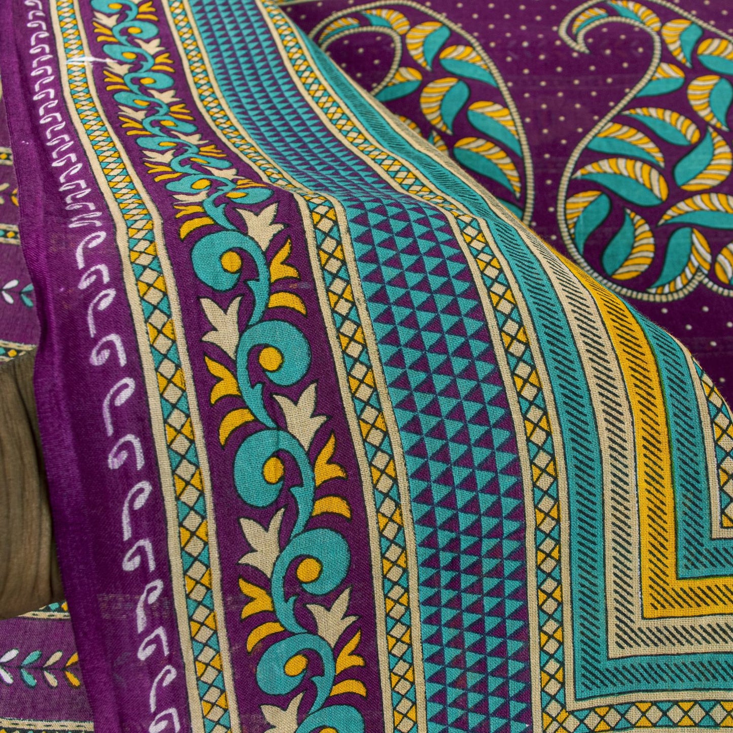 Sanskriti Vintage Saree Violet Pure Cotton Craft Fabric Paisley Print 5+YD Sari